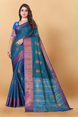 FABFIZA Paisley, Self Design Banarasi Cotton Silk, Silk Blend Saree(Dark Blue)