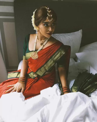 PRANJAL ART Printed Bollywood Jacquard Saree(Red, Green)