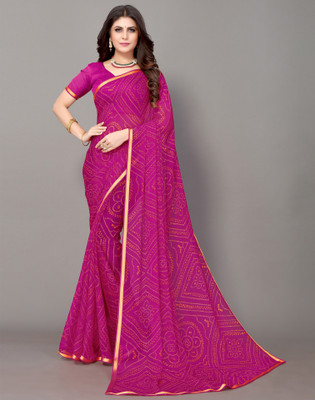 Samah Geometric Print, Printed, Embellished Bandhani Chiffon, Georgette Saree(Pink, Gold)