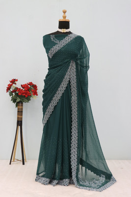 VarniRaaj Fashion Embellished Bollywood Organza Saree(Light Blue)