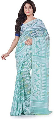 Desh Bidesh Woven, Solid/Plain, Self Design Jamdani Handloom Cotton Blend, Pure Cotton Saree(Blue)