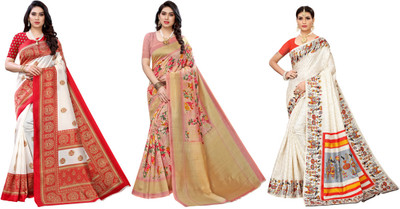 Nirvaan Printed Bhagalpuri Art Silk Saree(Pack of 3, Red, Pink, Cream)