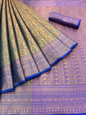 VILLAGIUS Woven Kanjivaram Pure Silk Saree(Dark Green)