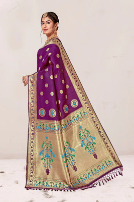 pythan Woven, Temple Border Paithani Silk Blend Saree(Purple)