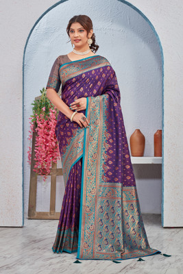 PRAUDO Woven, Paisley, Self Design Banarasi Pure Silk Saree(Purple)