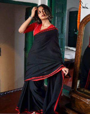 DAS TAXTILES Solid/Plain Handloom Pure Cotton Saree(Black)
