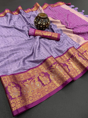 Aquiliq Self Design Kanjivaram Silk Blend Saree(Yellow)