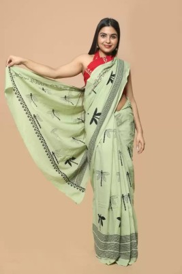 NIKHILAM Printed Daily Wear Pure Cotton Saree(Light Green, Black)