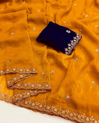 VATRIKA Embroidered Bollywood Chiffon Saree(Mustard)
