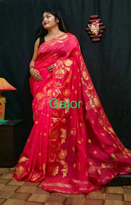 Sabita Embellished, Floral Print Handloom Cotton Silk Saree(Pink, Gold)
