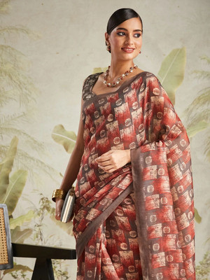 Rachna Geometric Print Chanderi Cotton Blend Saree(Brown)