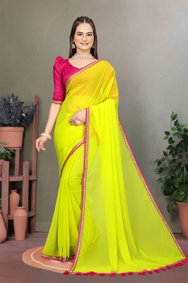 HIJA TRENDZ Solid/Plain Bollywood Georgette Saree(Yellow)