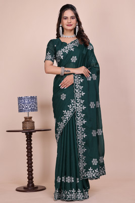 niesha fashion Embroidered Bollywood Chiffon Saree(Dark Green)