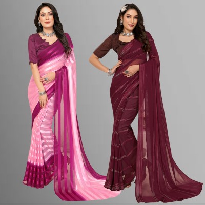 Anand Sarees Striped Bollywood Satin Saree(Pack of 2, Purple, Pink, Maroon)