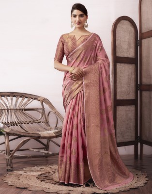 Samah Woven, Self Design Banarasi Cotton Silk, Jacquard Saree(Pink, Gold)