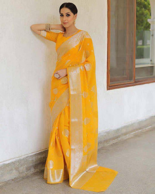 Neel Fashion Self Design Banarasi Silk Blend Saree(Yellow)