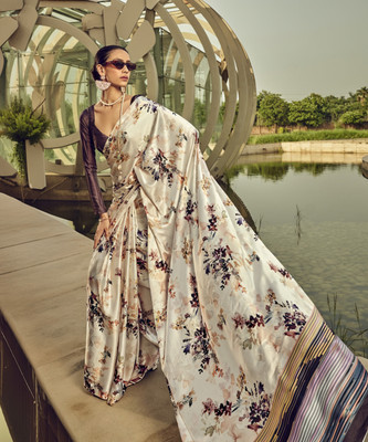 Divastri Printed Bollywood Satin, Silk Blend Saree(Cream)