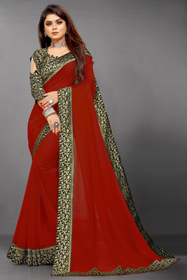 Georgette Saree Solid/Plain Jamdani Georgette, Crepe Saree(Red)