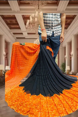 HouseOfCommon Printed Bollywood Georgette Saree(Orange, Black)