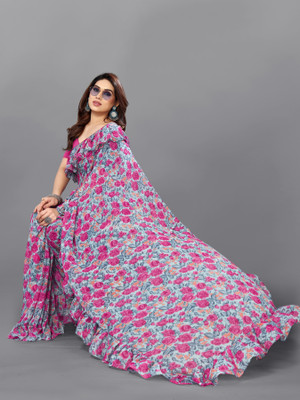 MEETVIN COUTURE Digital Print, Graphic Print, Geometric Print, Floral Print, Self Design Bollywood Chiffon, Georgette Saree(Pink, Grey)