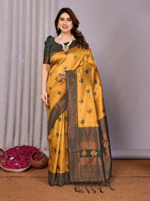 VASTUKALA Woven Kanjivaram Pure Silk, Art Silk Saree(Yellow, Green)