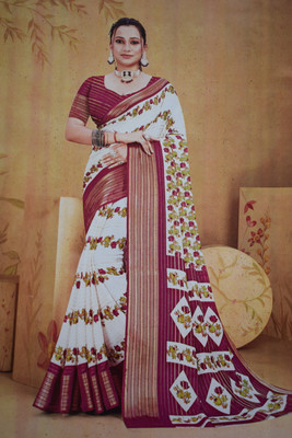 Advik and Advaith Enterprises Printed Handloom Cotton Blend Saree(White, Pink)