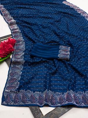 SOJITRA IMPEX Self Design, Embellished Kanjivaram Georgette Saree(Dark Blue)