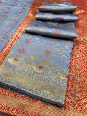 Banaras silk palace Woven Banarasi Silk Blend Saree(Grey)