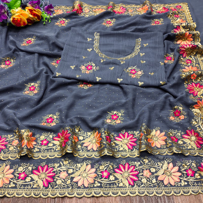 KHRITI FAB Embroidered, Floral Print Bollywood Georgette Saree(Grey)