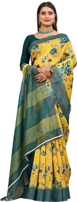 HouseOfCommon Printed Kanjivaram Pure Cotton, Chanderi Saree(Yellow, Green)