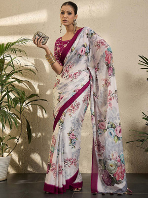 all about you Printed Pochampally Georgette Saree(Cream)