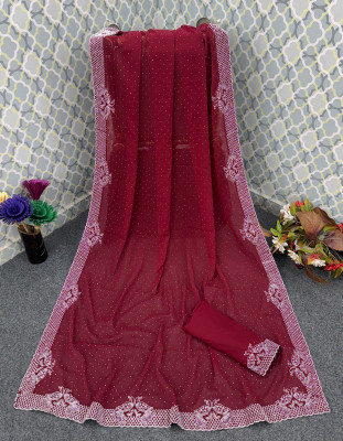 KB DESIGNER Embellished, Embroidered, Solid/Plain Bollywood Georgette Saree(Maroon)
