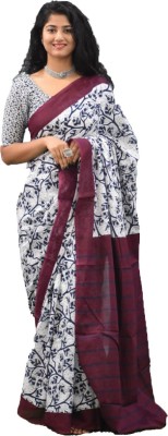 vaishnavi handicrafts Blocked Printed, Color Block, Floral Print, Printed Bollywood Pure Cotton Saree(Maroon, White)