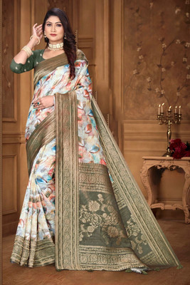 sutralekha Printed Banarasi Silk Blend Saree(Green)