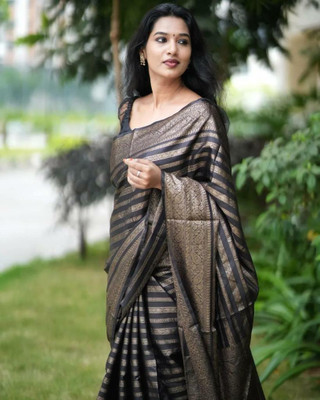 Anjaneya Sarees Woven Banarasi Silk Blend Saree(Black)