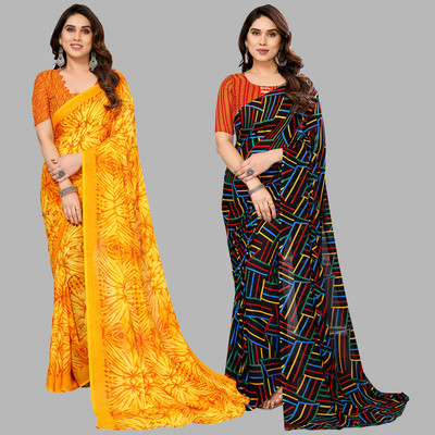 Anand Sarees Printed Daily Wear Georgette Saree(Pack of 2, Yellow, Multicolor)
