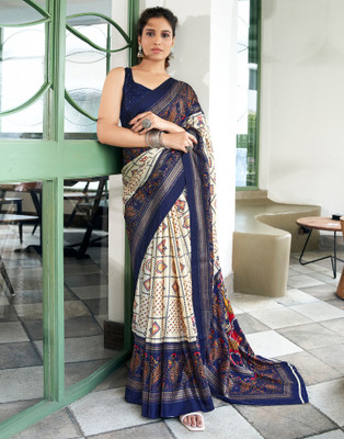 Samah Printed Bandhani Silk Blend Saree(Beige, Blue, Multicolor)
