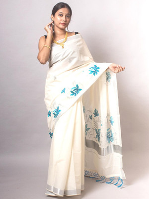 SIRAGUGAL TEX Embroidered Kasavu Cotton Blend Saree(White)
