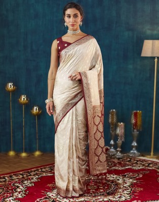 Samah Woven, Embellished Banarasi Silk Blend Saree(Maroon, Beige)