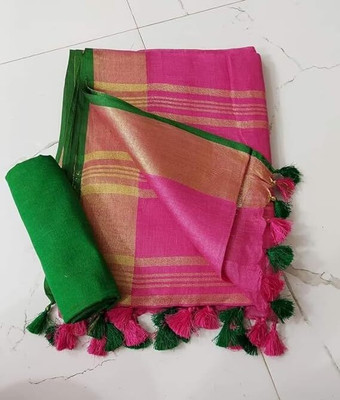 HAIDER ALI AND SONS Solid/Plain Handloom Cotton Linen Saree(Pink)