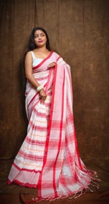 ADIVASI SHOP Striped Tant Cotton Blend Saree(White, Red)