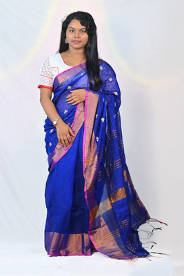 Ahana Textile Solid/Plain Handloom Cotton Blend Saree(Multicolor)
