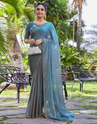 Amavii Embellished, Embroidered, Solid/Plain Bollywood Chiffon, Pure Silk Saree(Light Blue)