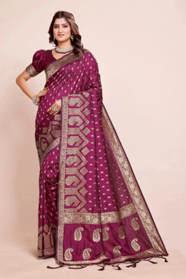DHAYNAAND REEWA FASHION Woven Kanjivaram Georgette Saree(Magenta, Gold)