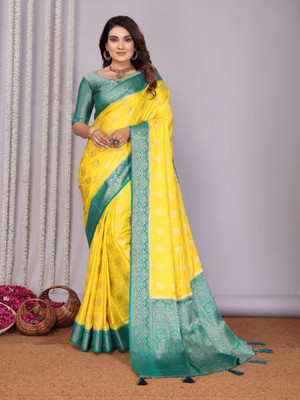 Just Aura Creation Woven Banarasi Satin Saree(Yellow, Green)