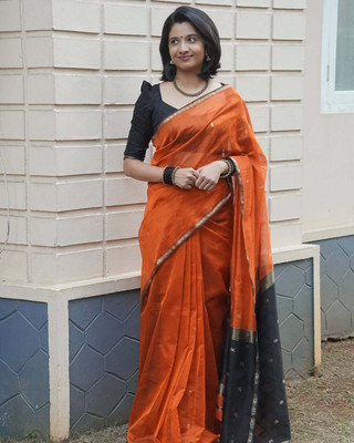 WOMENELEGENCE Printed Banarasi Cotton Silk Saree(Orange)