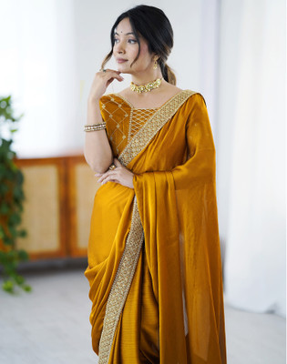 Satrani Solid/Plain Bollywood Chiffon Saree(Mustard)