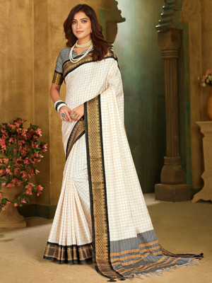 sanvi Woven, Checkered, Embellished, Self Design Daily Wear Jacquard, Cotton Silk Saree(White, Black)