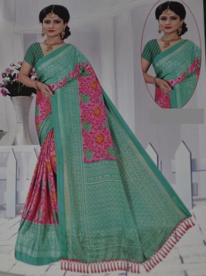 Hridik Floral Print Bollywood Brasso Saree(Light Green)