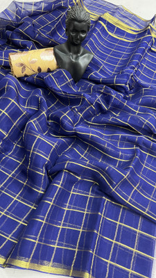 Stylish Sarees Checkered, Woven Bollywood Chiffon Saree(Dark Blue)